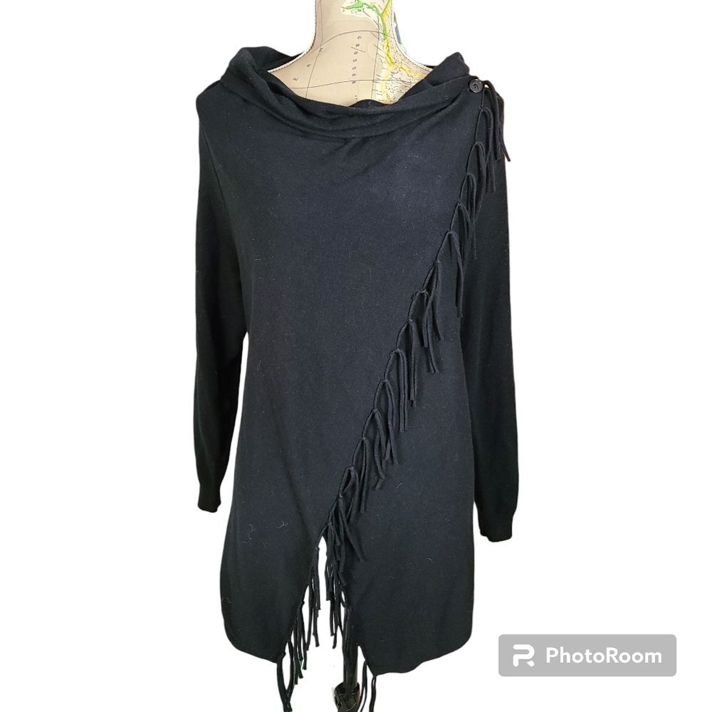 VINTAGE 90s THE LIMITED Size Large Black Draped Collar Fringed Cardigan Sweater